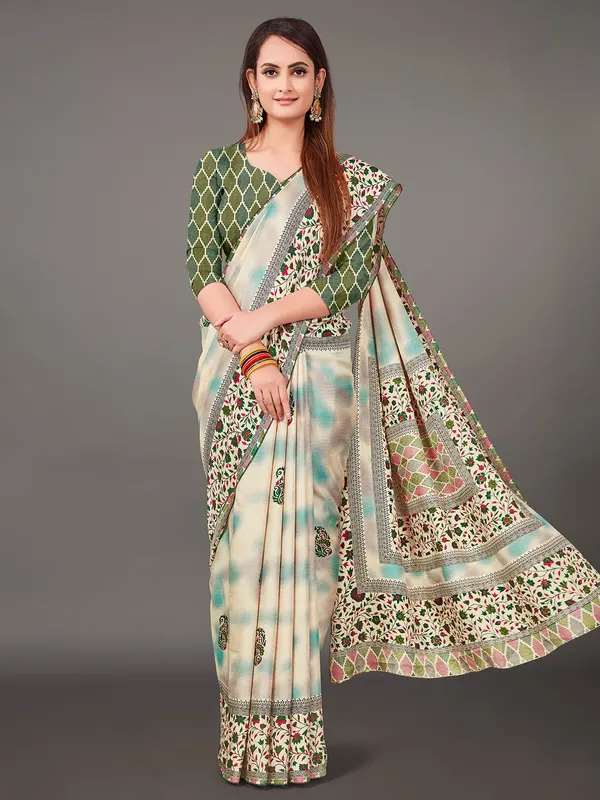 Cream and green pashmina silk printed saree