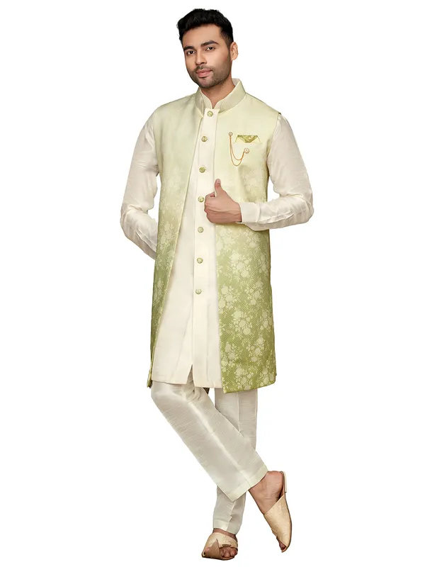 Cream and green silk indowestern for wedding