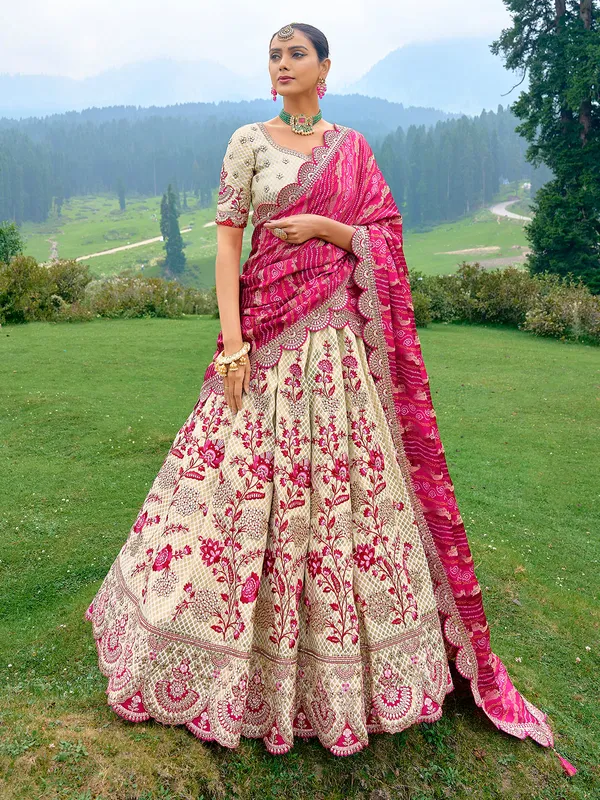 Cream and magenta silk lehenga choli