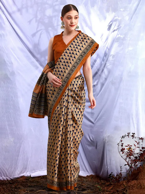 Cream and navy printed bhagalpuri silk saree for women