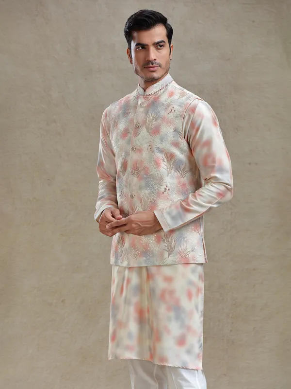 Cream and peach shaded silk waistcoat set for festive charm