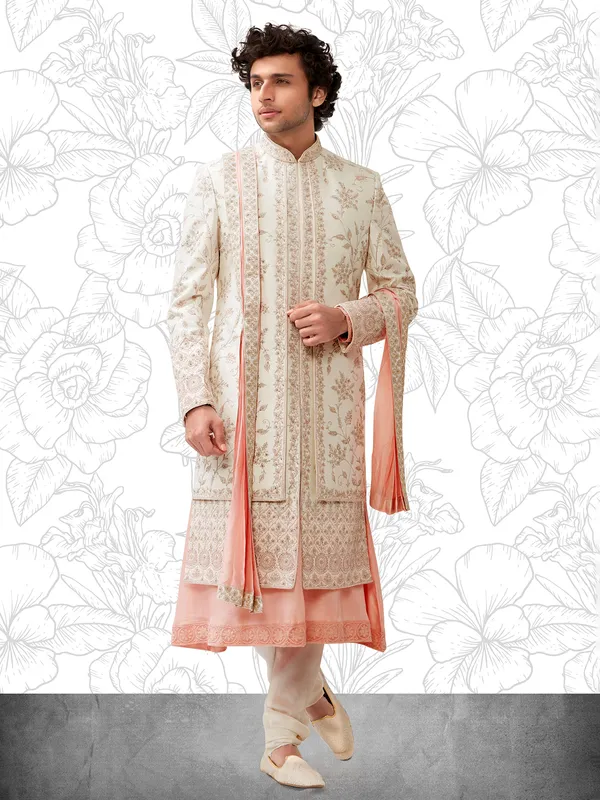 Cream and peach terry rayon peshwai style sherwani