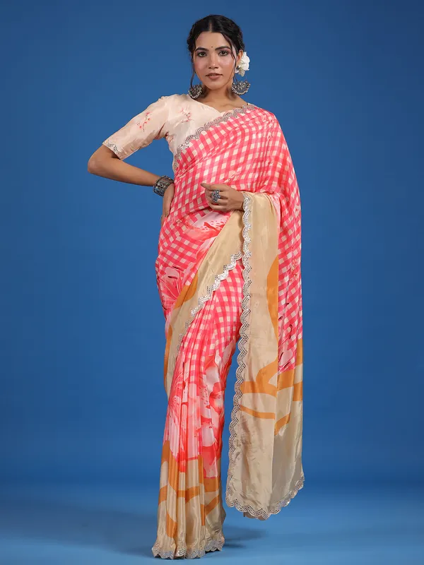 Cream and pink checks printed saree