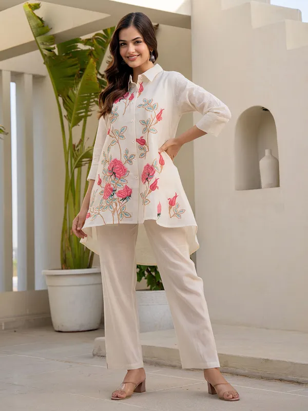 Cream and pink cotton embroidered co ord set