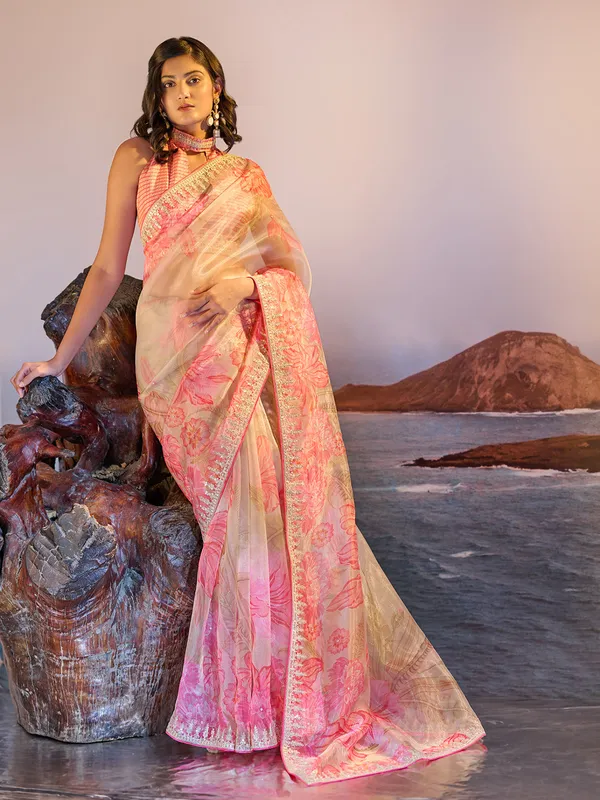 Cream and pink printed wedding look saree