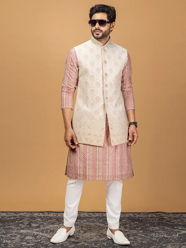 Cream and pink silk men waistcoat set