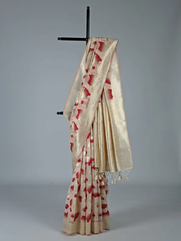 Cream and red semi cotton silk saree