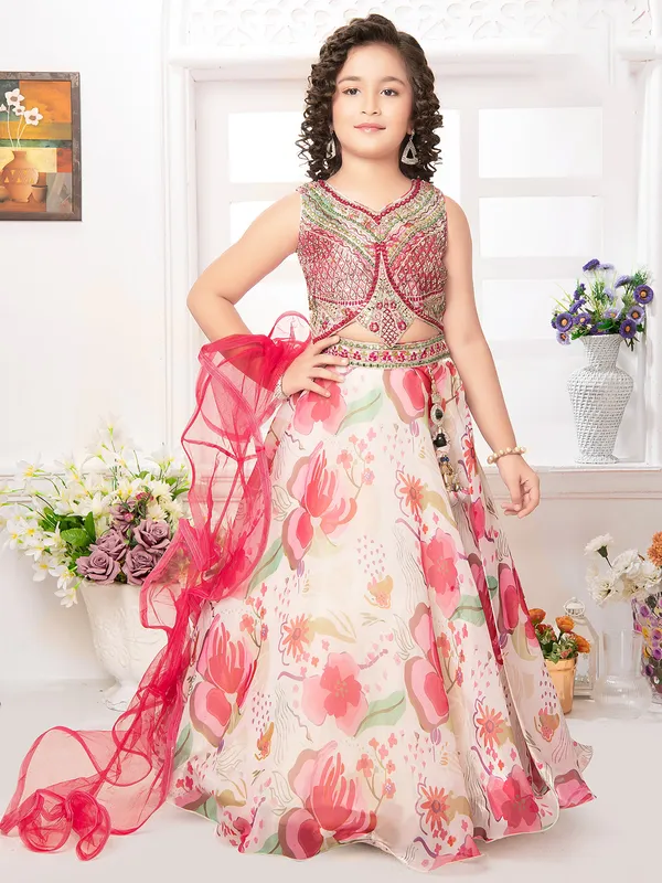 Cream and red silk lehenga choli for sangeet