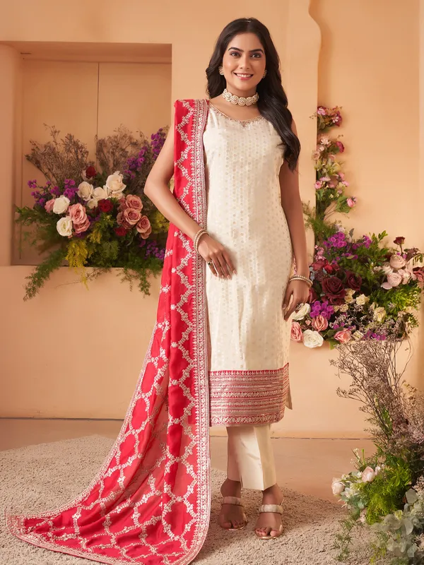 Cream and red silk salwar suit with dupatta