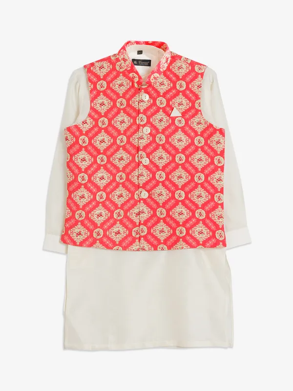 Cream and red waistcoat set in cotton