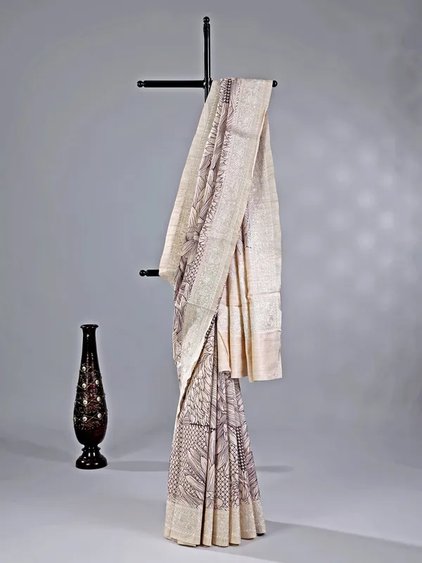 Cream and wine cotton silk saree