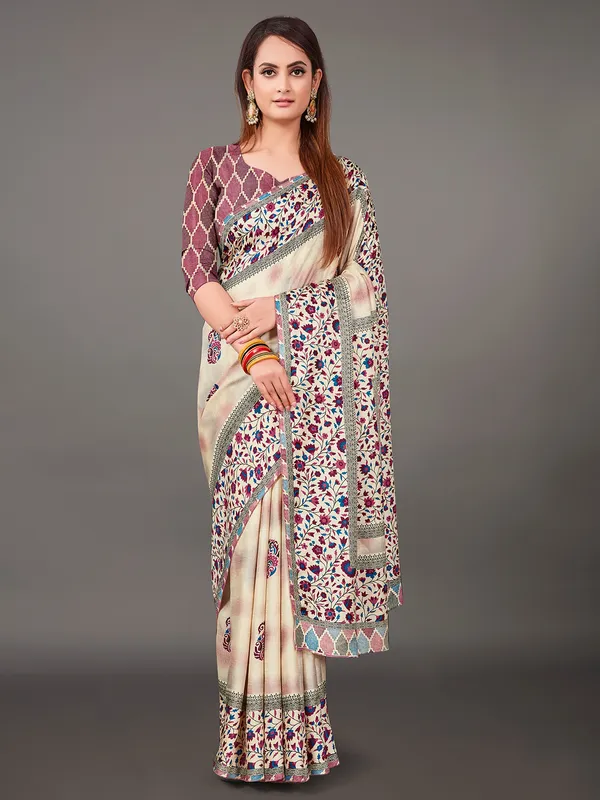 Cream and wine festive wear pashmina silk saree