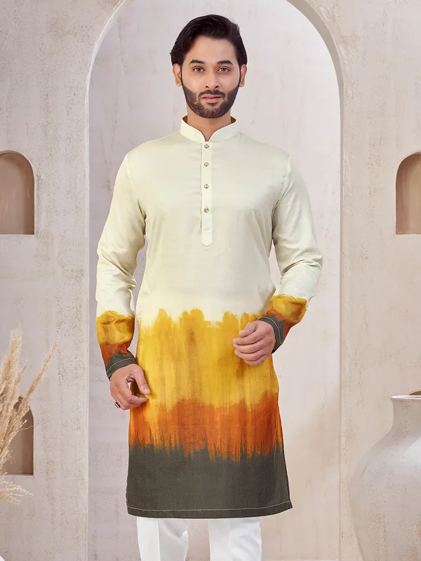 Cream and yellow cotton printed kurta suit for men