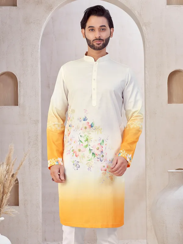Cream and yellow shaded cotton kurta suit