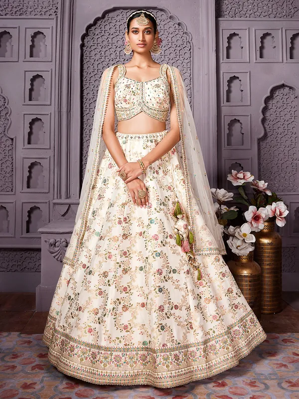 Cream banarasi lehenga choli with ready made blouse