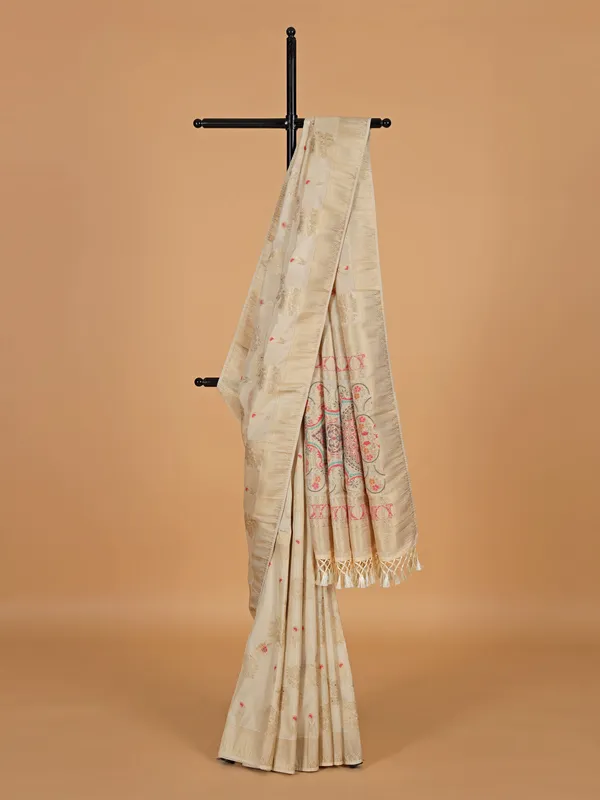 Cream banarasi silk saree with zari weaving