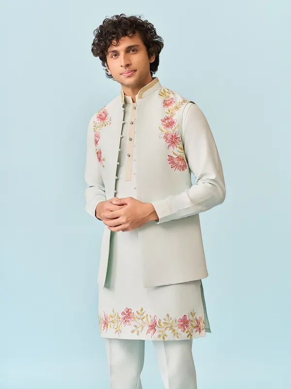 Mint blue charming printed kurta jacket set for men