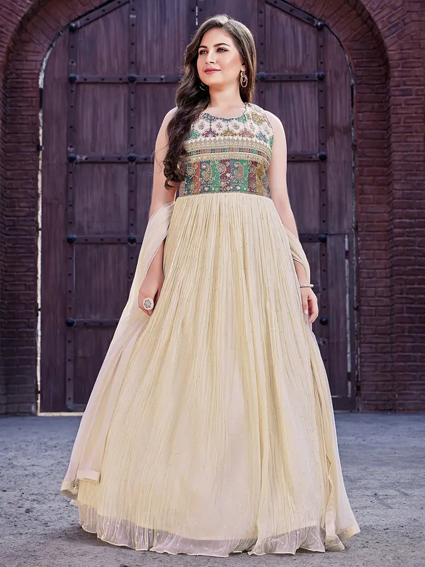 Cream chiffon anarkali floor length suit