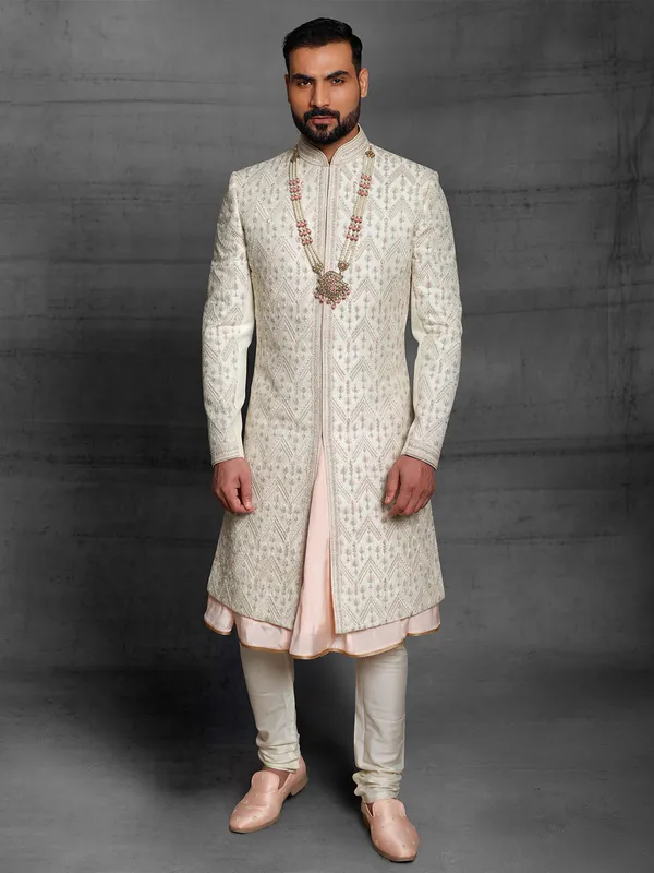 Cream color wedding wear dual layer sherwani for mens