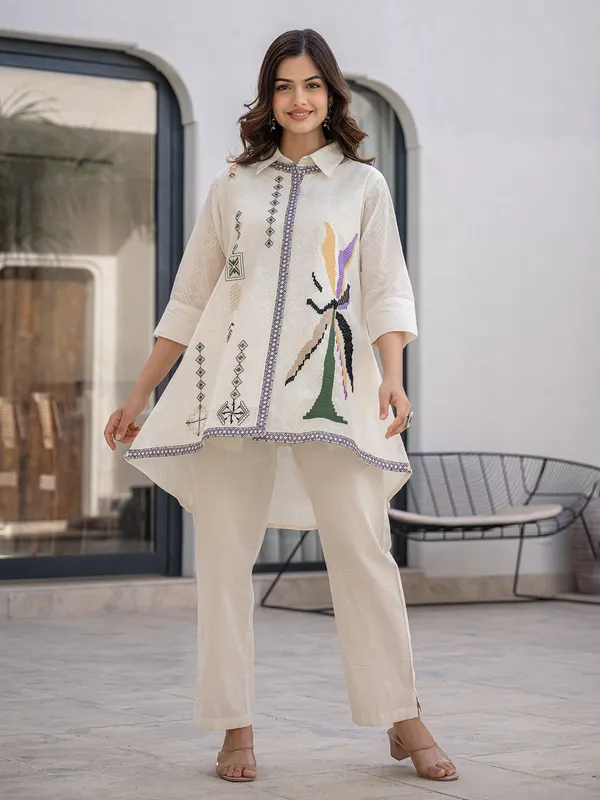 Cream cotton co ord set with embroidery and thread work