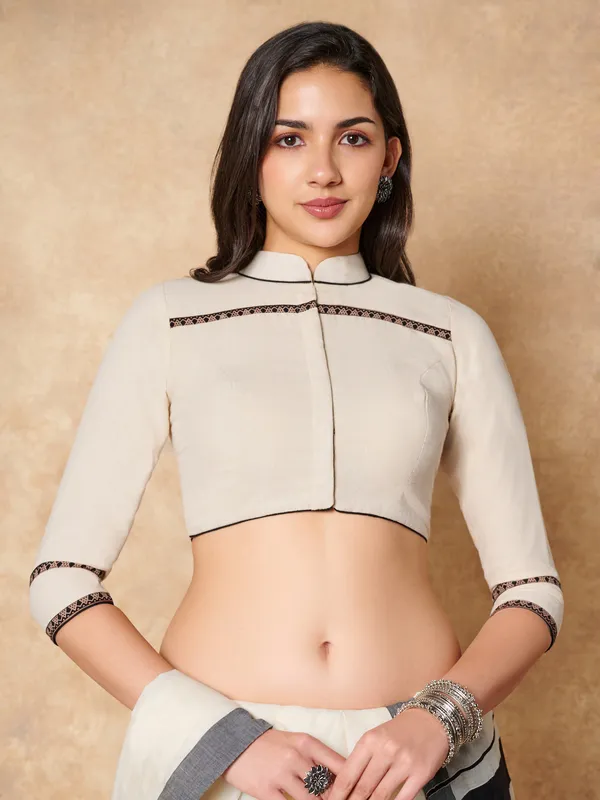 Cream Cotton collared neck ready made blouse