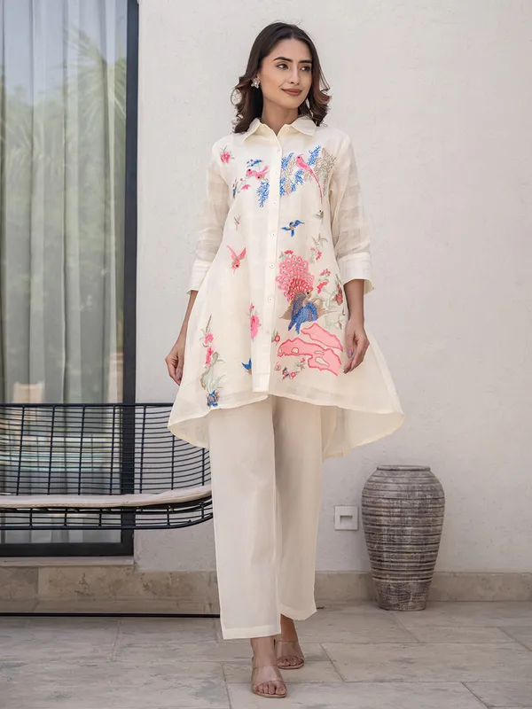 Cream cotton embroidered co ord set for women