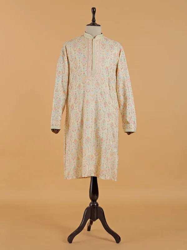 Cream cotton festive style kurta suit