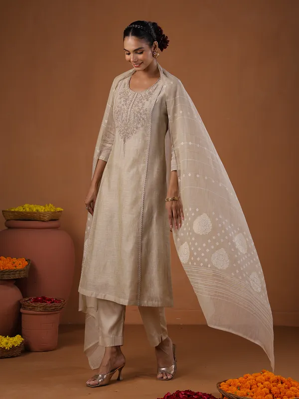 Cream cotton festive wear kurti set with dupatta