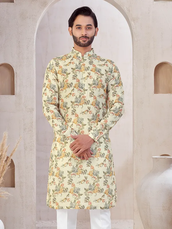 Cream cotton festive wear printed kurta suit