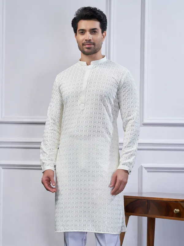 Cream cotton kurta suit for festive for men