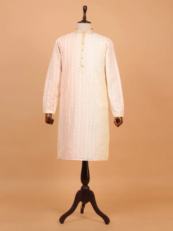 Cream cotton kurta suit with thread work