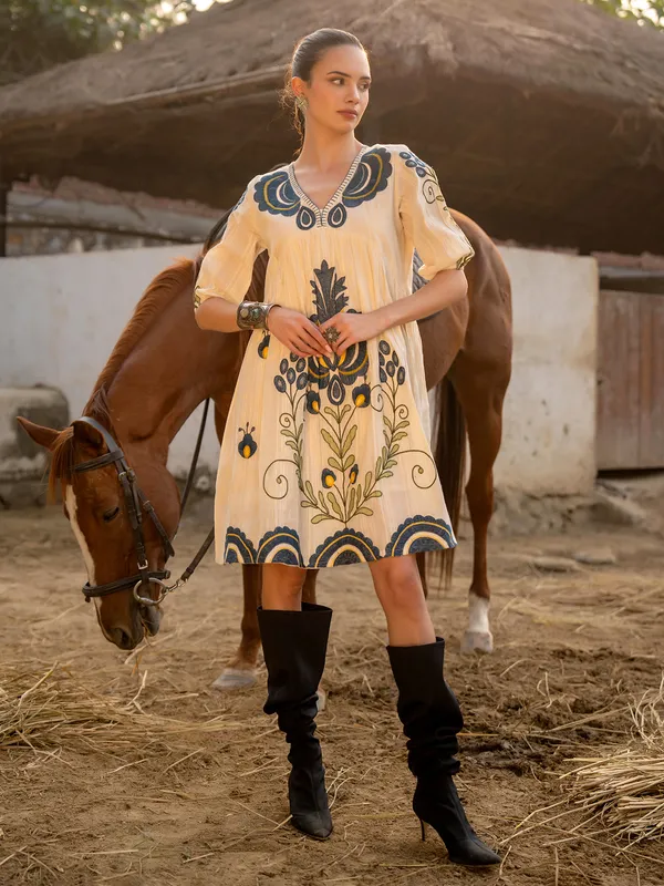 Cream cotton kurti with resham and embroidery