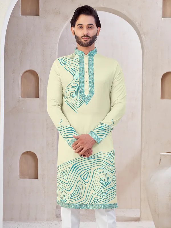 Cream cotton printed kurta suit for men