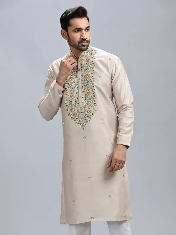 Cream cotton silk festive style kurta set for men
