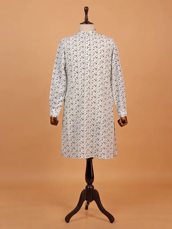 Cream cotton silk kurta set in printed