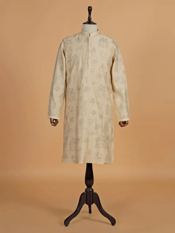 Cream cotton silk kurta suit with sequins work