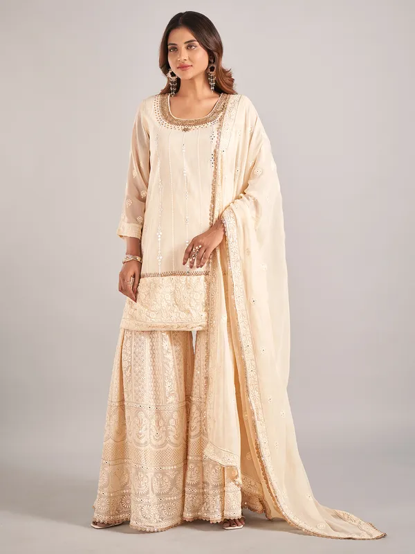 Cream cotton silk palazzo suit with dupatta