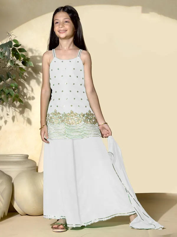 Cream cotton silk palazzo suit with resham and sequins