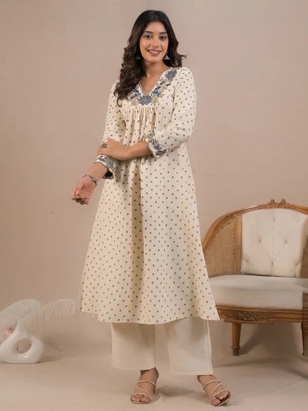 Cream cotton silk printed kurti palazzo set