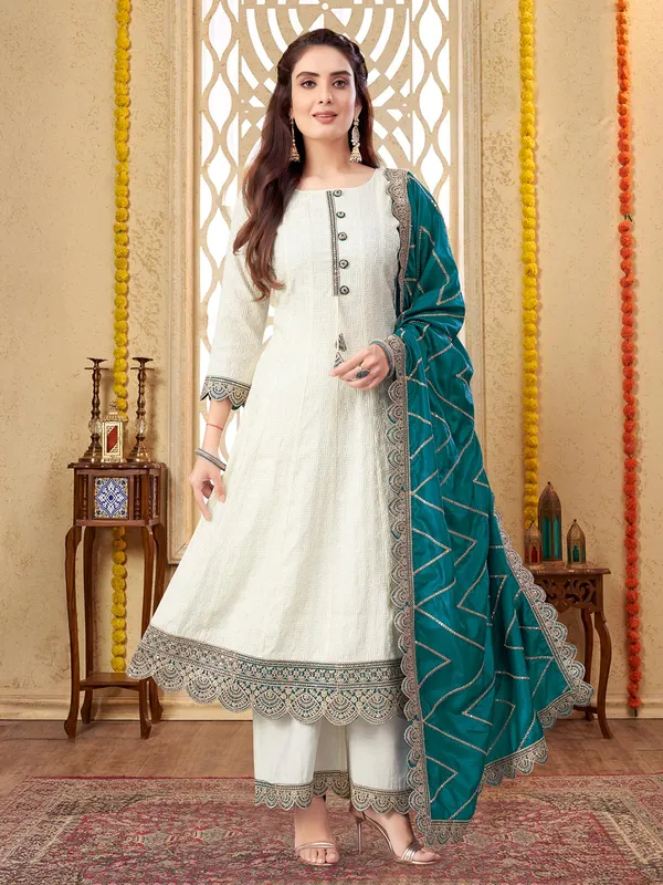 Cream cotton silk salwar suit with dupatta