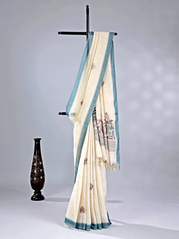 Cream cotton silk saree for festive wear