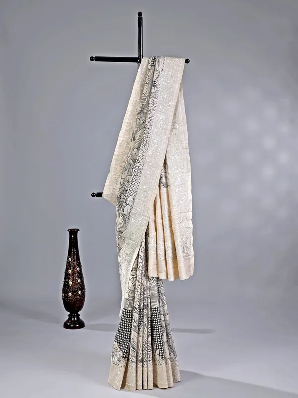 Cream cotton silk saree with print