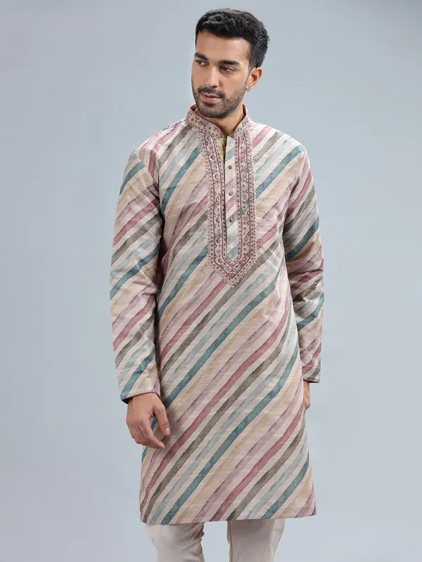 Cream cotton silk stripe pattern kurta pajama for men