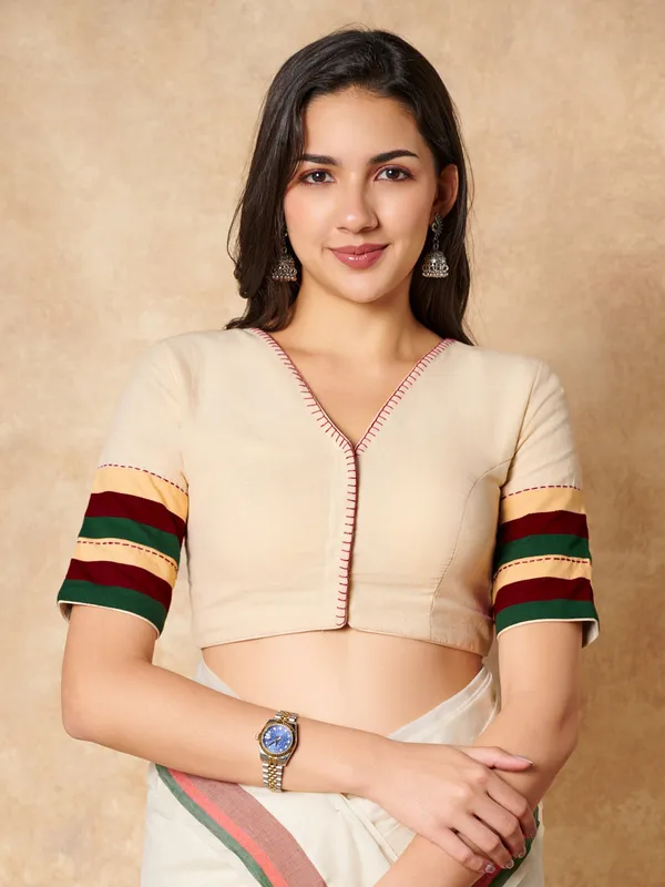 Cream cotton V neck ready made blouse