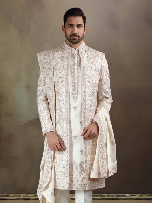 Cream crochet long jacket style sherwani with dupatta
