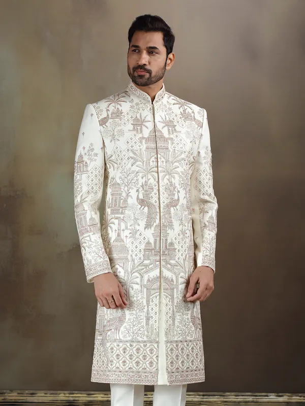 Cream crochet wedding wear sherwani for mens