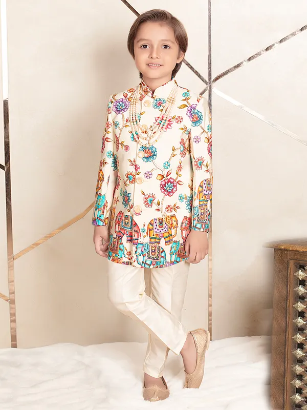 Cream designer terry rayon indo western for boys