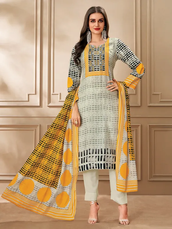 Cream dola silk festive wear printed salwar suit