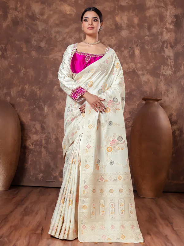 Cream dola silk saree in zari weaving