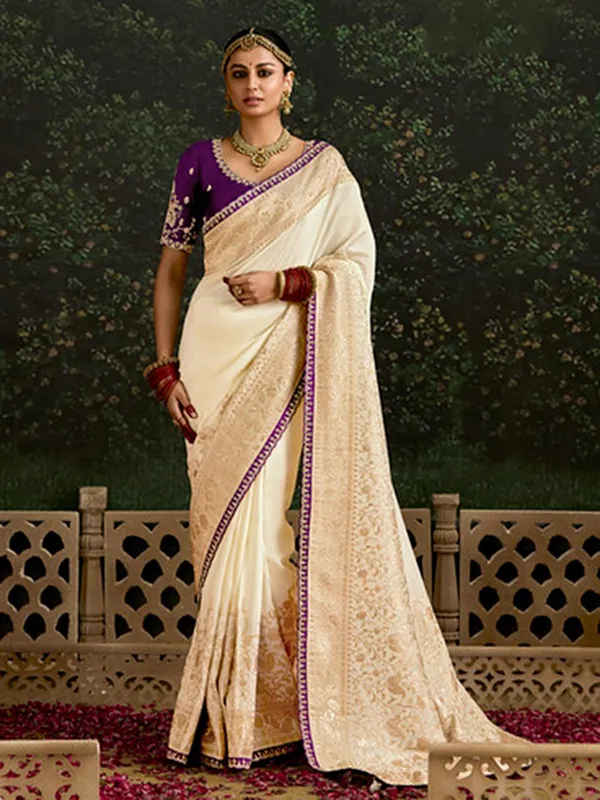 Cream dola silk wedding wear saree for women